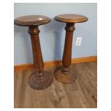 Pair of turned wood tables 29" high, 12" dia