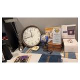 Lot of desk decor, lamp, clock, glove, and