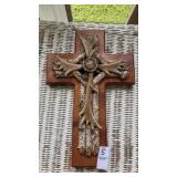 Rustic wall cross with faux antler and birch bark