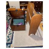 Wooden storage box with craft items & blanket