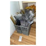 gray plastic cutlery basket w utensils