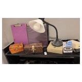 Shelf lot of desk supplies - lamp, pencil
