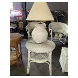 Round White Wicker Side Table with Lamp