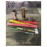 Vintage oil cans, rulers, screwdrivers, etc