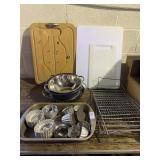 Lot of assorted baking ware, cutting boards,