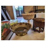 Brass bowl & misc planter & small wooden stand