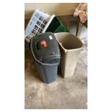 2 garbage cans, crate, and laundry basket