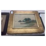 Framed watercolor landscape of a riverside