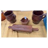 Lot of Pottery Jugs, Tray, & rolling pin wall