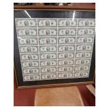 Framed uncut sheet of 1995 $2 bills 32 in total.