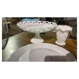 Milk Glass Pedestal Dish, Serving Tray, and Vase