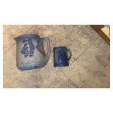 Antique blue and white stoneware pitchers