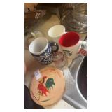 Mugs and Vintage Rooster Dish