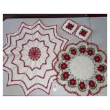 4 Vintage handmade doilies- red - variety of