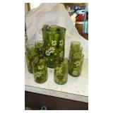 LIBBEY  green glass pitcher set -  daisy pattern