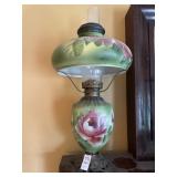 Vintage Green Floral Hurricane Oil Lamp