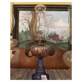 Vintage Glass Oil Lamp with Blue Base