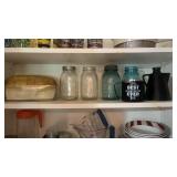 Shelf lot of Mason Jars, Bread Loaf Pan