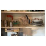 Shelf lot of American Plates, Measuring Cups, etc
