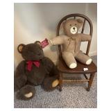 Two Bear Stuffed Animals and Wooden Chair