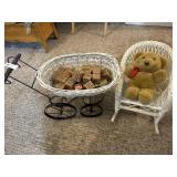 Cart of Wooden Letter Blocks and Bear on Wicker