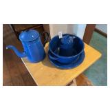 Set of vintage blue speckled enamelware