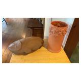 Terracotta vase and Fish-shaped covered dish