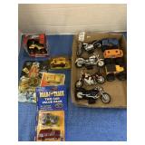 Toy motorcycles, monster trucks, cars