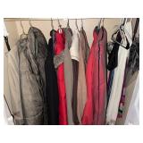 Closet of assorted coats LG/XL, umbrellas and