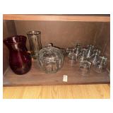 Shelf lot of assorted glasses and vases