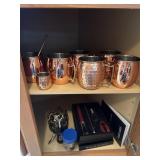 Lot of cocktail copper mugs, wine pump and