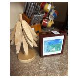 Wooden trivets on rack and wooden desk organizer