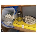 Shelf lot of misc - sea shells, sand, mason jar,