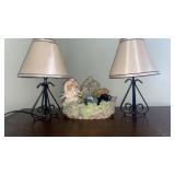 2 metal lamps and angel fountain decor