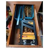Drawer lot of drill bits, hacksaw blades