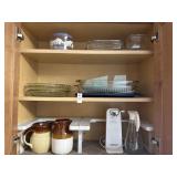 Shelf lots of glass bakeware, pitchers, shelf