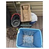 Lot of misc - mop bucket, basket, charcoal,