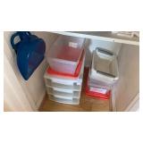 Plastic storage containers and dust pan and brush