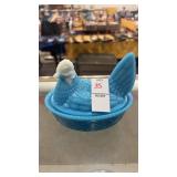Vintage Blue Milk Glass Hen on Nest Covered Candy