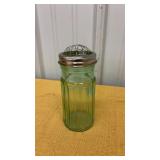 Vintage Green Panel Glass Flower Frog Jar Metal