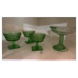 Vintage Green Glass Footed Dish & Custard Cups