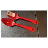 2 Vintage Red Speckled Enameled Spoons