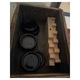 Vintage wooden box with furniture casters, etc