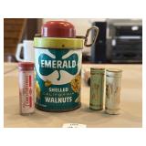 Vintage Emerald shelled walnut tin, Tums and