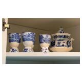 Vintage Transferware Egg Cups, gravy boat, server