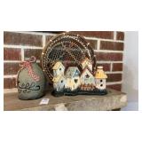 Birdhouse candle lamp, Stoneware Crock, basket