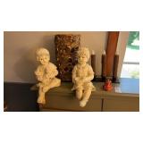 Plaster Cast Boy & Girl Figures, Candle Holder &