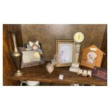 Brass base assorted frames, trophy, and decor