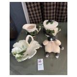 Ceramic pitcher and container, leaf tray, and cat