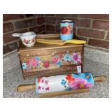 Pioneer Woman bread box, rolling pin & variety